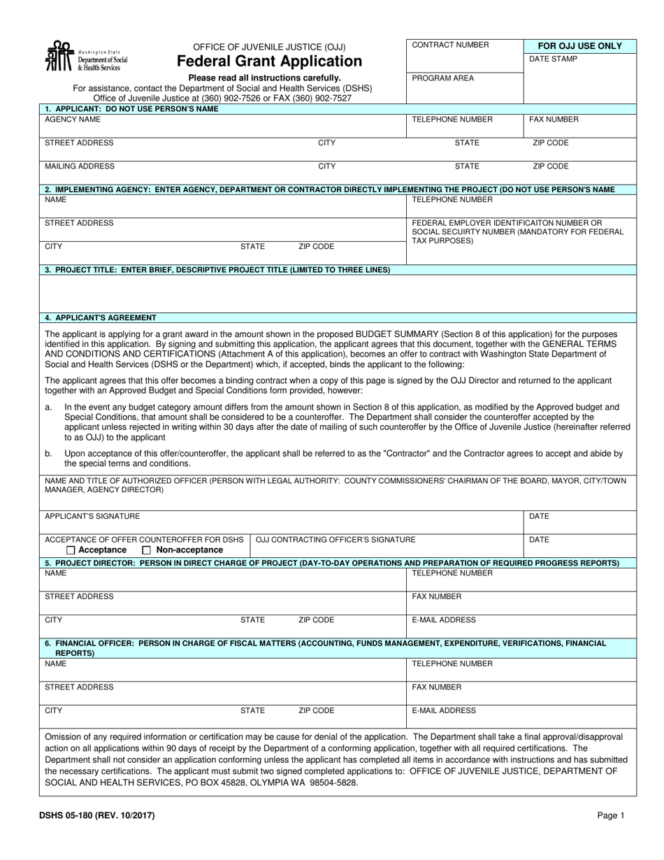 DSHS Form 05-180 Federal Grant Application - Washington, Page 1