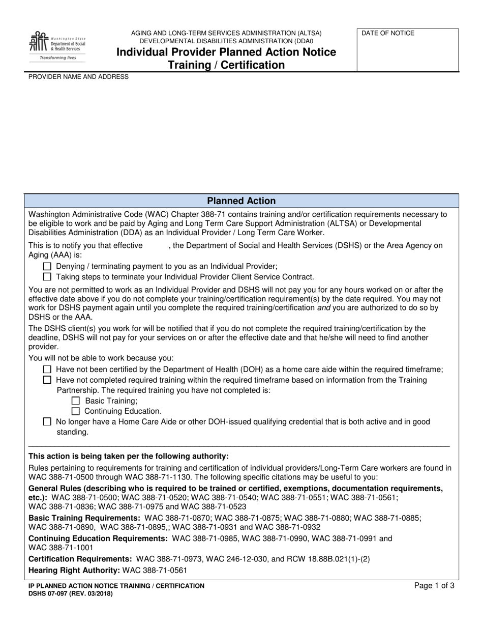 DSHS Form 07-097 Individual Provider Planned Action Notice Training / Certification (Home and Community Services) - Washington, Page 1