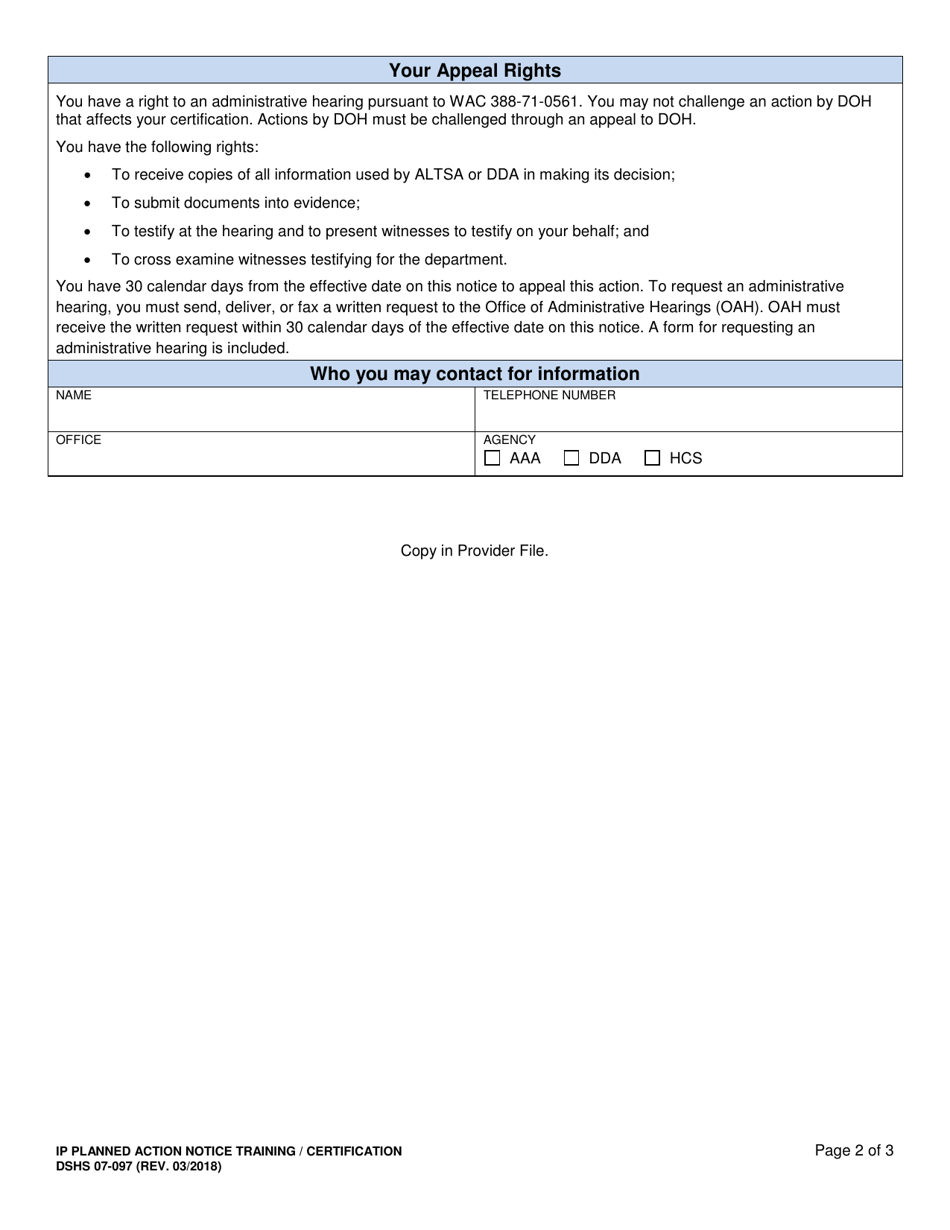 DSHS Form 07-097 Individual Provider Planned Action Notice Training / Certification (Home and Community Services) - Washington, Page 2
