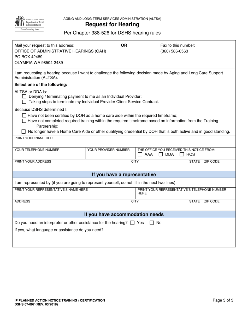 DSHS Form 07-097 Individual Provider Planned Action Notice Training / Certification (Home and Community Services) - Washington, Page 3