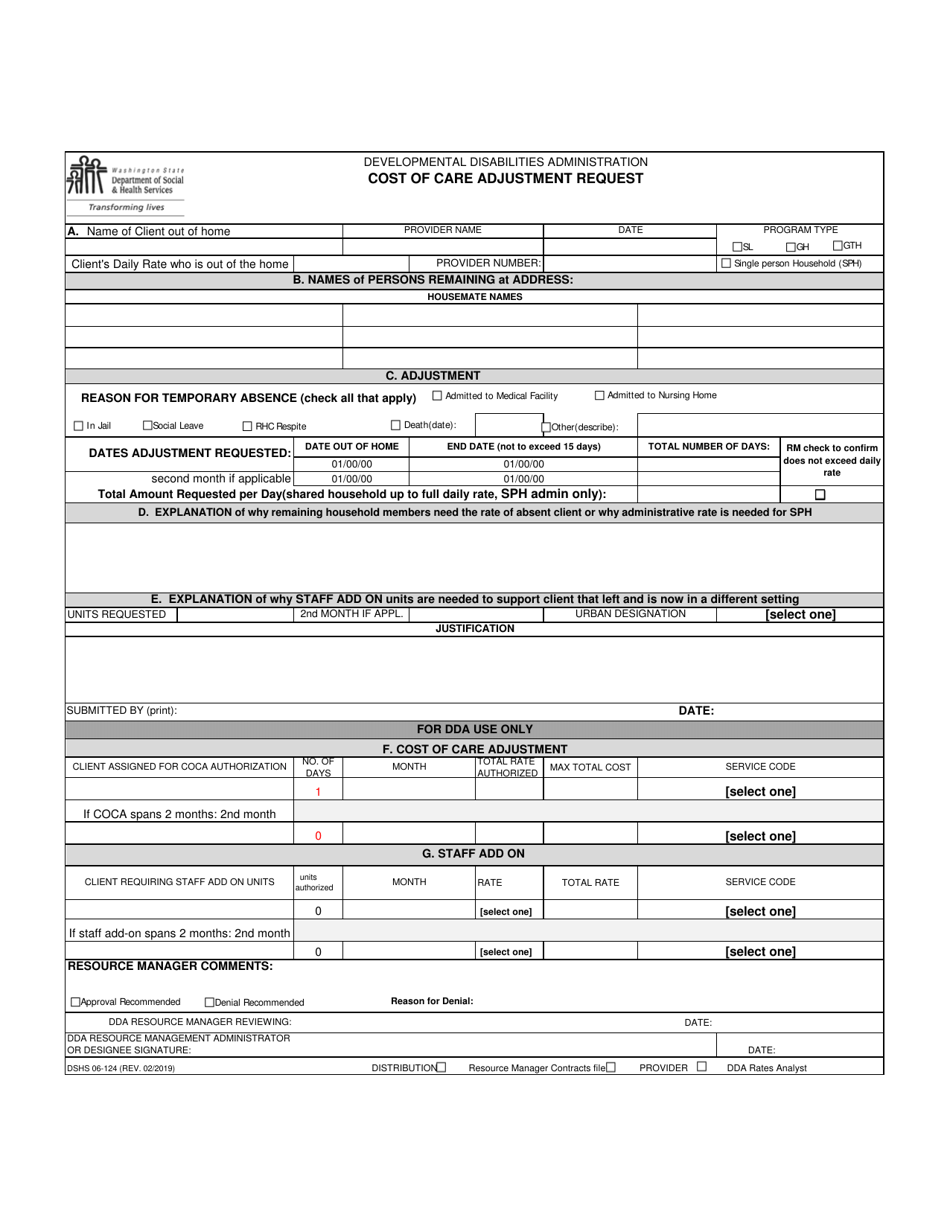 DSHS Form 06-124 Cost of Care Adjustment Request - Washington, Page 1