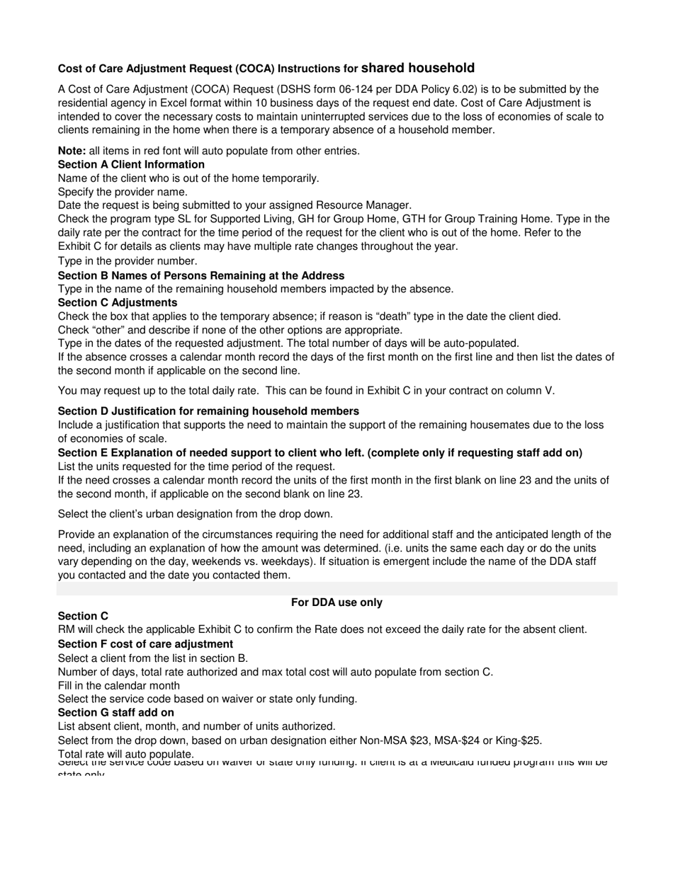 DSHS Form 06-124 Cost of Care Adjustment Request - Washington, Page 2