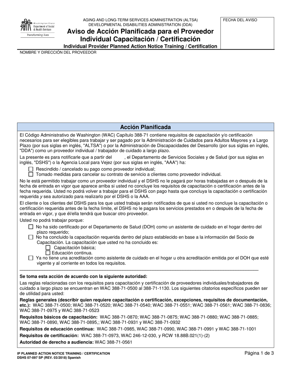DSHS Formulario 07-097 Aviso De Accion Planificada Para El Proveedor Individual Capacitacion / Certificacion - Washington (Spanish), Page 1