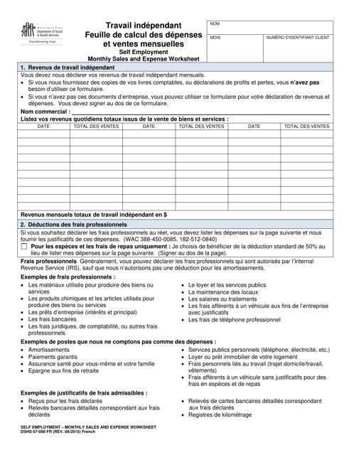 DSHS Form 07-098 Self Employment Monthly Sales and Expense Worksheet - Washington (French)