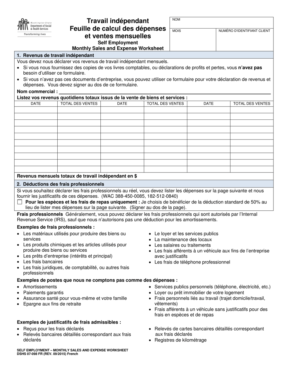 DSHS Form 07-098 Self Employment Monthly Sales and Expense Worksheet - Washington (French), Page 1