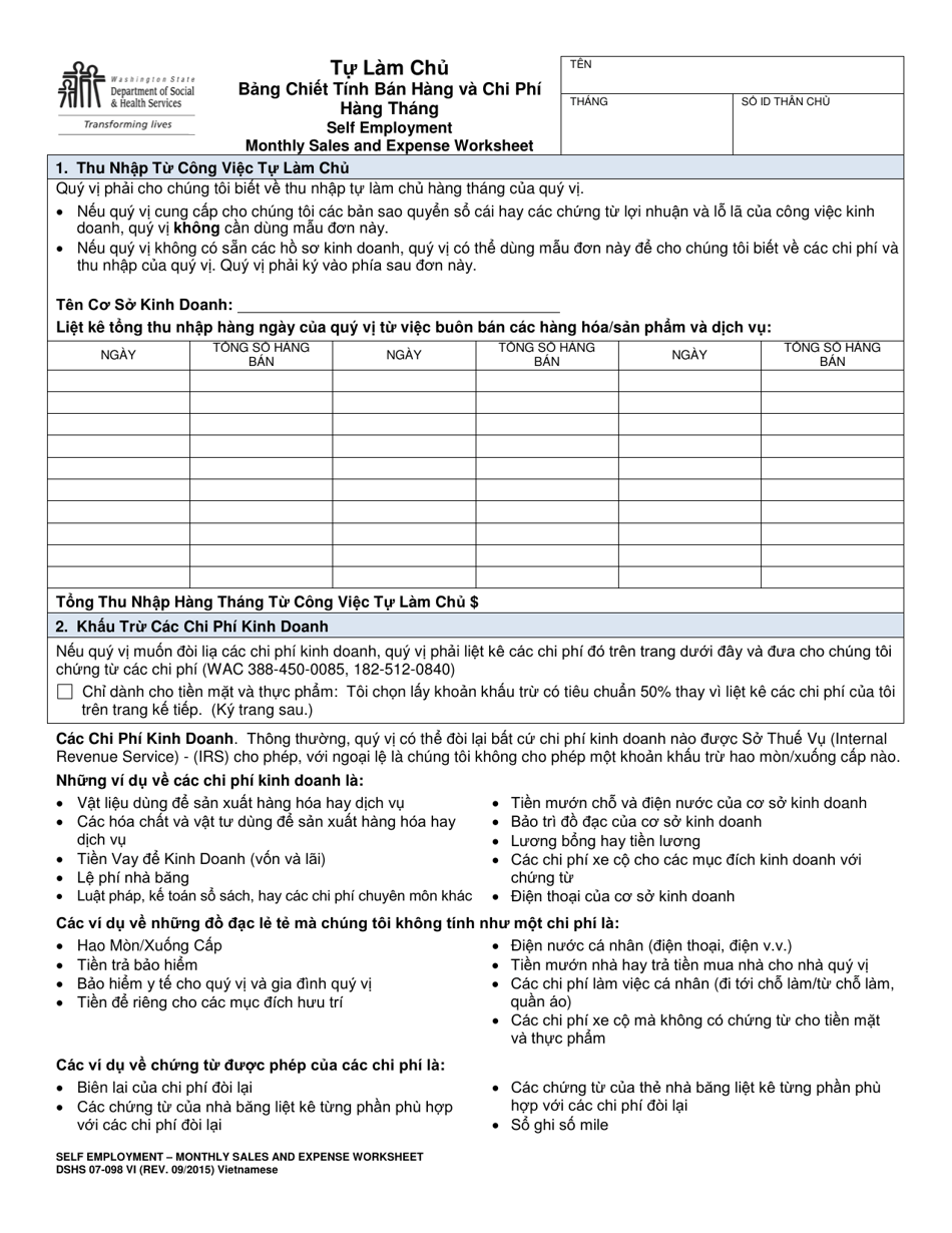 DSHS Form 07-098 Self Employment Monthly Sales and Expense Worksheet - Washington (Vietnamese), Page 1