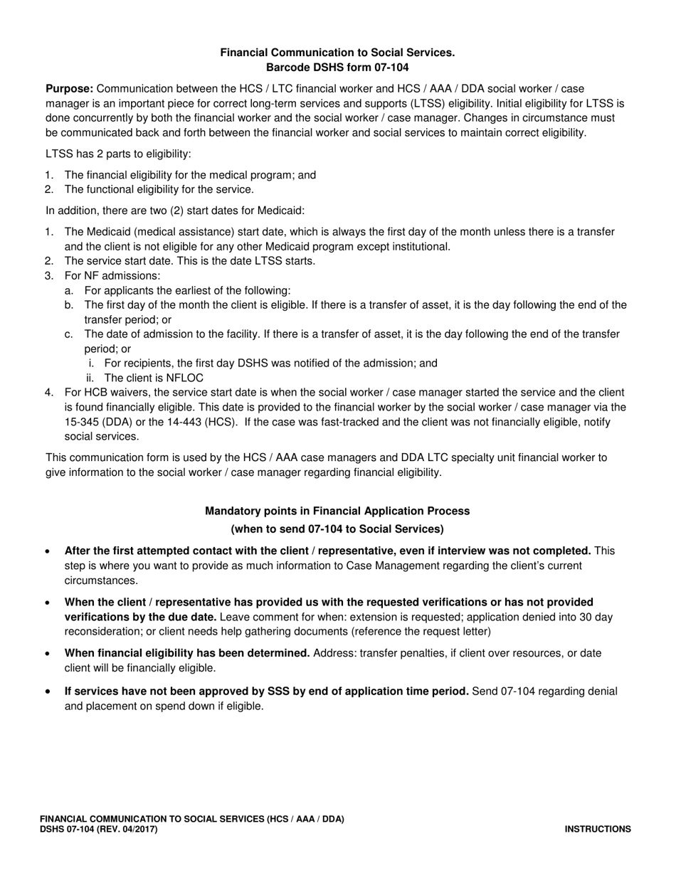 Instructions for DSHS Form 07-104 Financial Communication to Social Services - Washington, Page 1