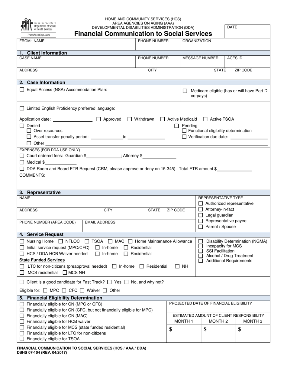 DSHS Form 07-104 Financial Communication to Social Services - Washington, Page 1