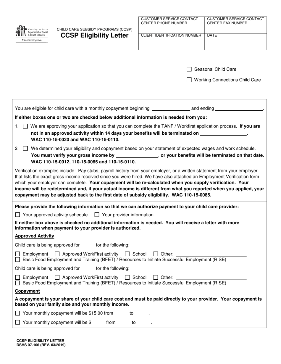DSHS Form 07-106 Ccsp Eligibility Letter (Child Care Subsidy Program) - Washington, Page 1