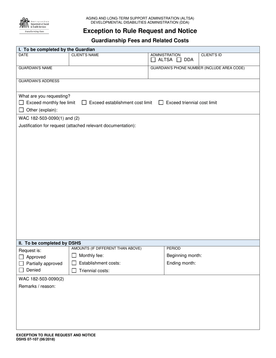 DSHS Form 07-107 Exception to Rule and Notice Guardianship Fees and Related Costs (Aging and Long-Term Support Administration and Developmental Disabilities Administration) - Washington, Page 1