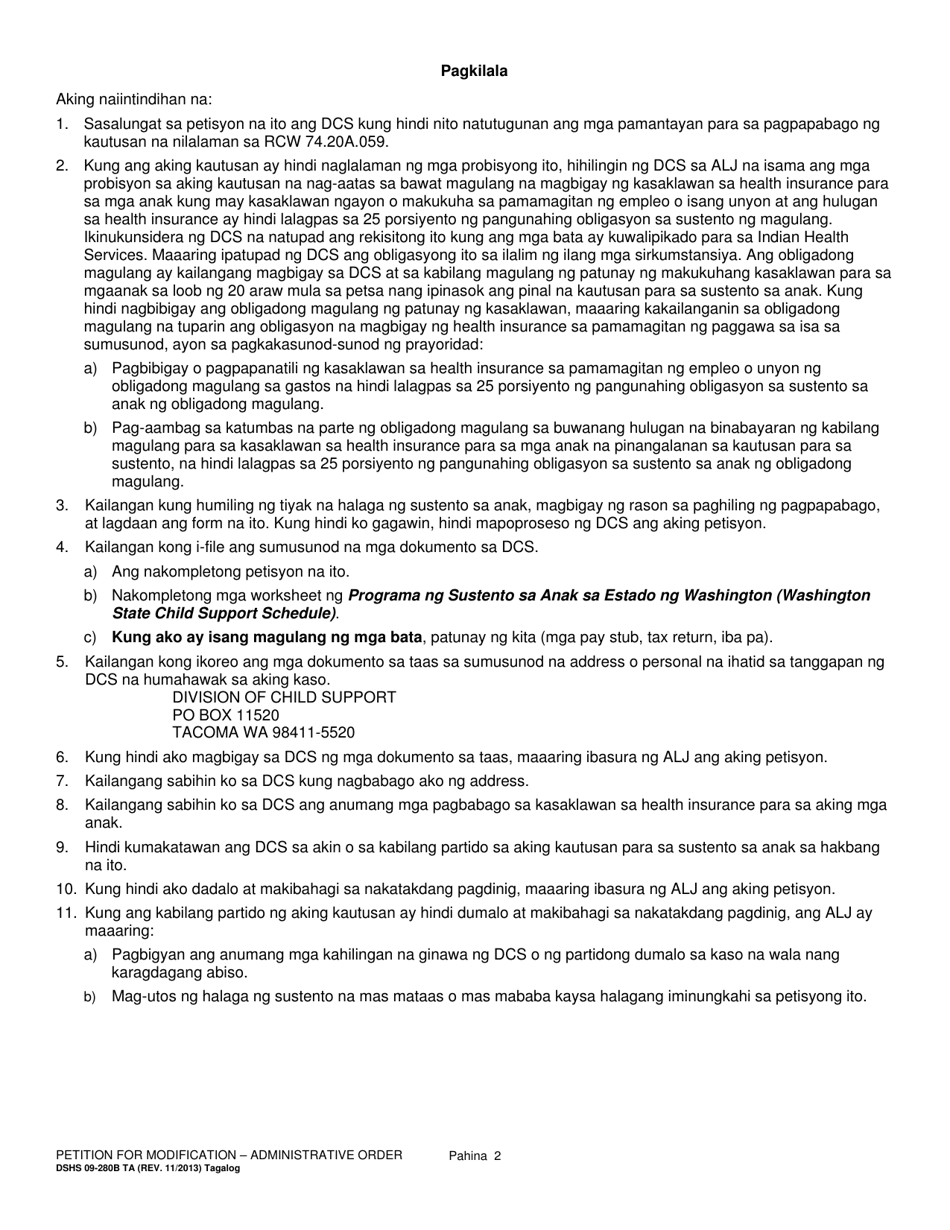 DSHS Form 09-280B Petition for Modification - Administrative Order - Washington (Tagalog), Page 2