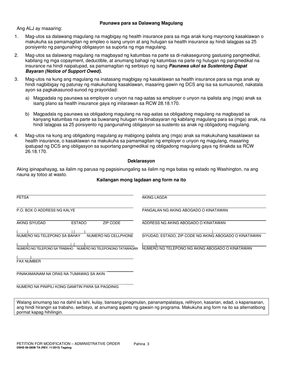 DSHS Form 09-280B Petition for Modification - Administrative Order - Washington (Tagalog), Page 3