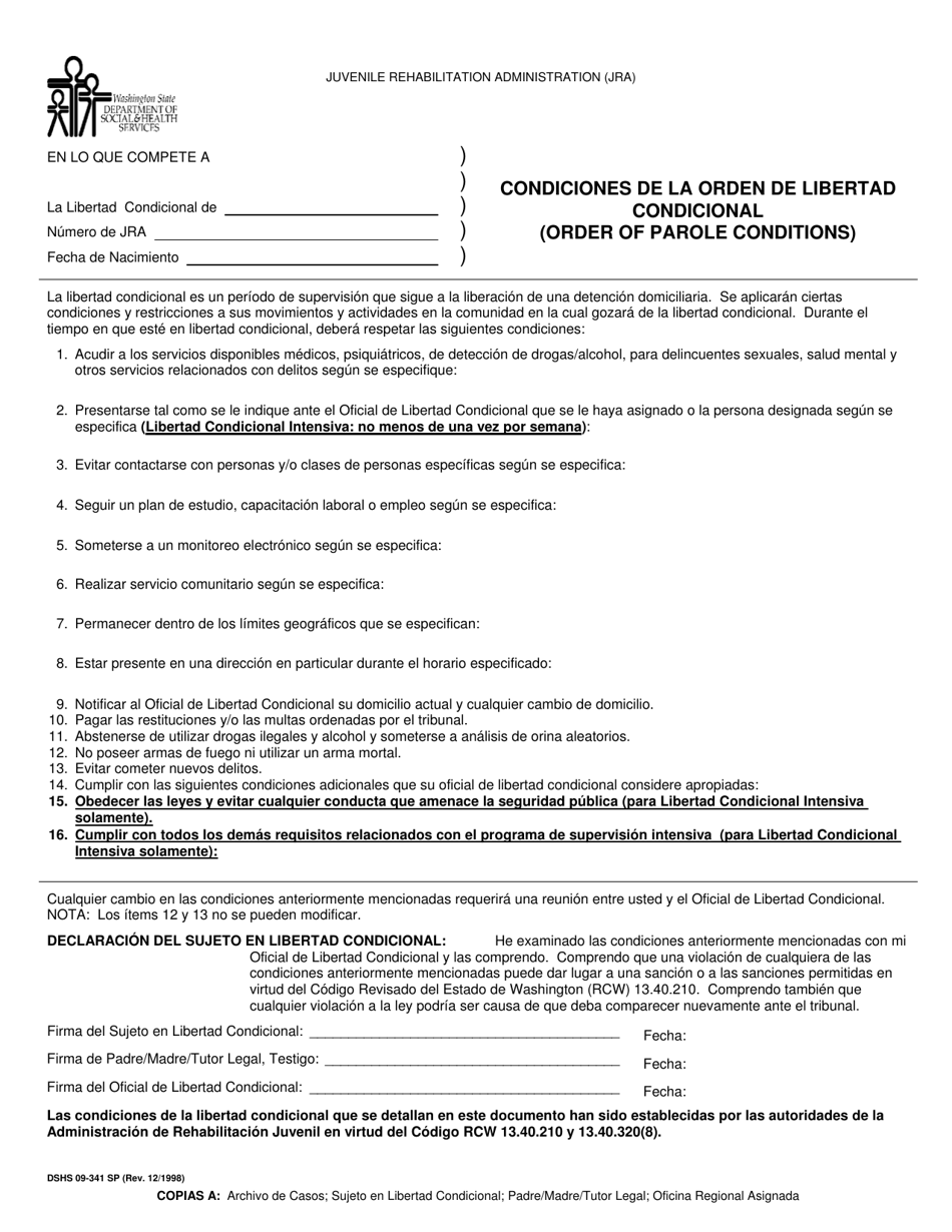 DSHS Formulario 09-341 Condiciones De La Orden De Libertad Condicional (Administracion De Rehabilitacion Juvenil) - Washington (Spanish), Page 1