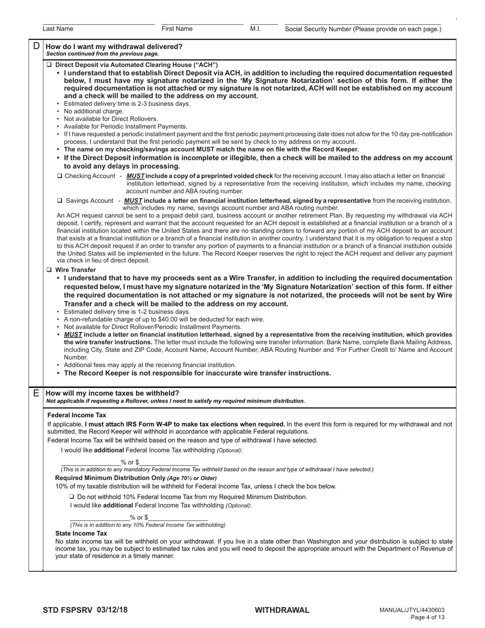 Form STD FSPSRV Plan 3 Member Withdrawal 401(A) Plan - Washington, Page 4