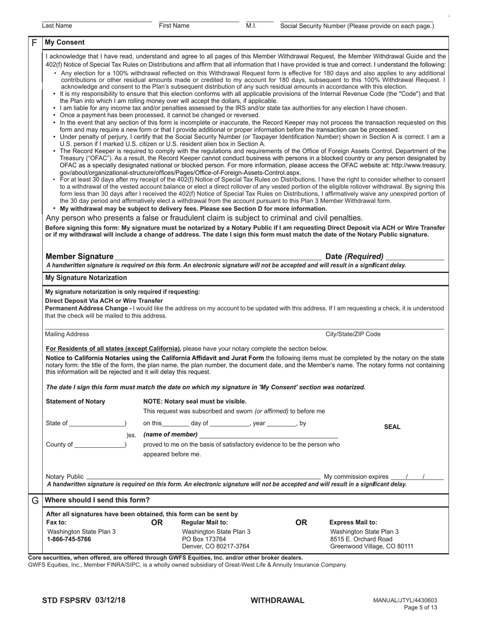 Form STD FSPSRV Plan 3 Member Withdrawal 401(A) Plan - Washington, Page 5