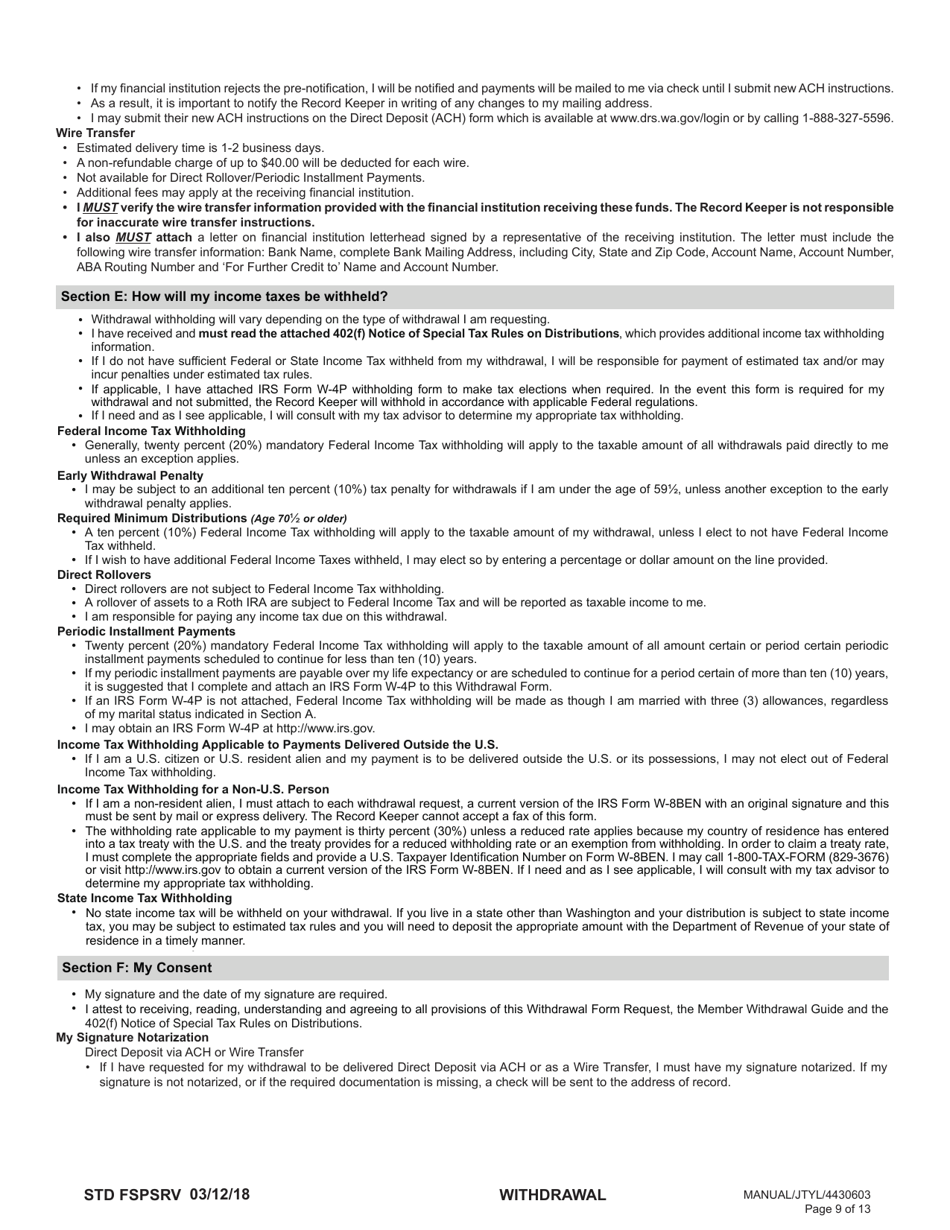 Form STD FSPSRV Plan 3 Member Withdrawal 401(A) Plan - Washington, Page 9