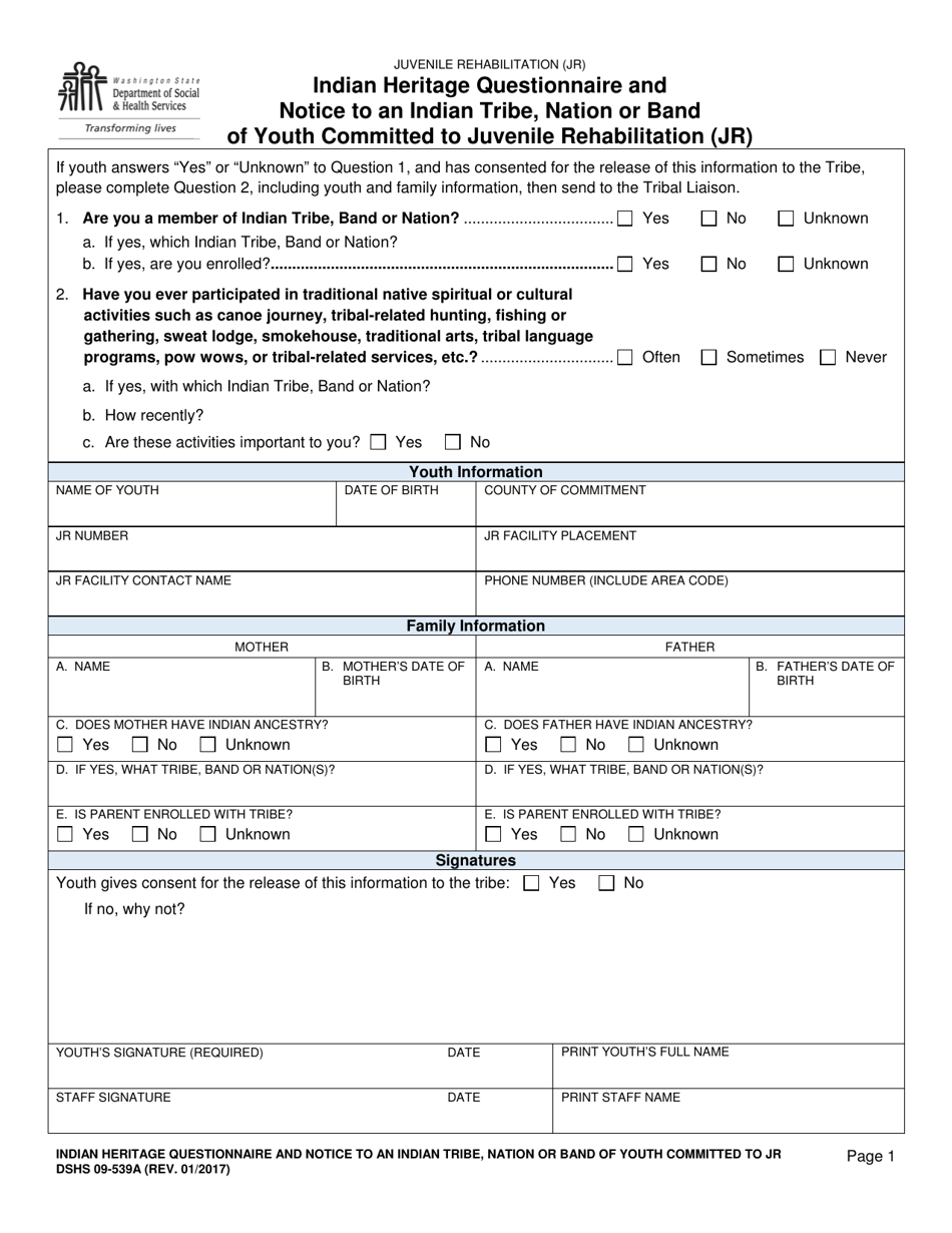 DSHS Form 09-539A Indian Heritage Questionnaire and Notice to an Indian Tribe, Nation or Band of Youth Committed to Juvenile Rehabilitation (Jr) - Washington, Page 1