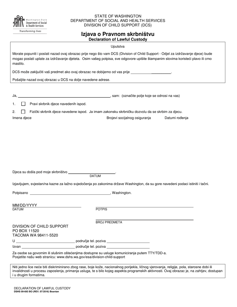 DSHS Form 09-693 Declaration of Lawful Custody - Washington (Bosnian), Page 1