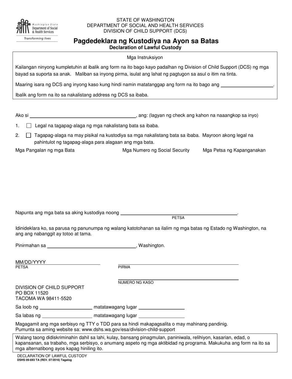 DSHS Form 09-693 Declaration of Lawful Custody - Washington (Tagalog), Page 1