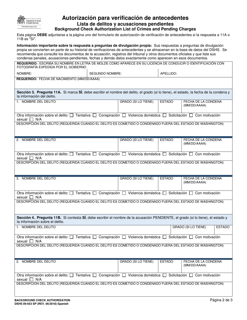 DSHS Formulario 09-653 Autorizacion Para Verificacion De Antecedents - Washington (Spanish), Page 2