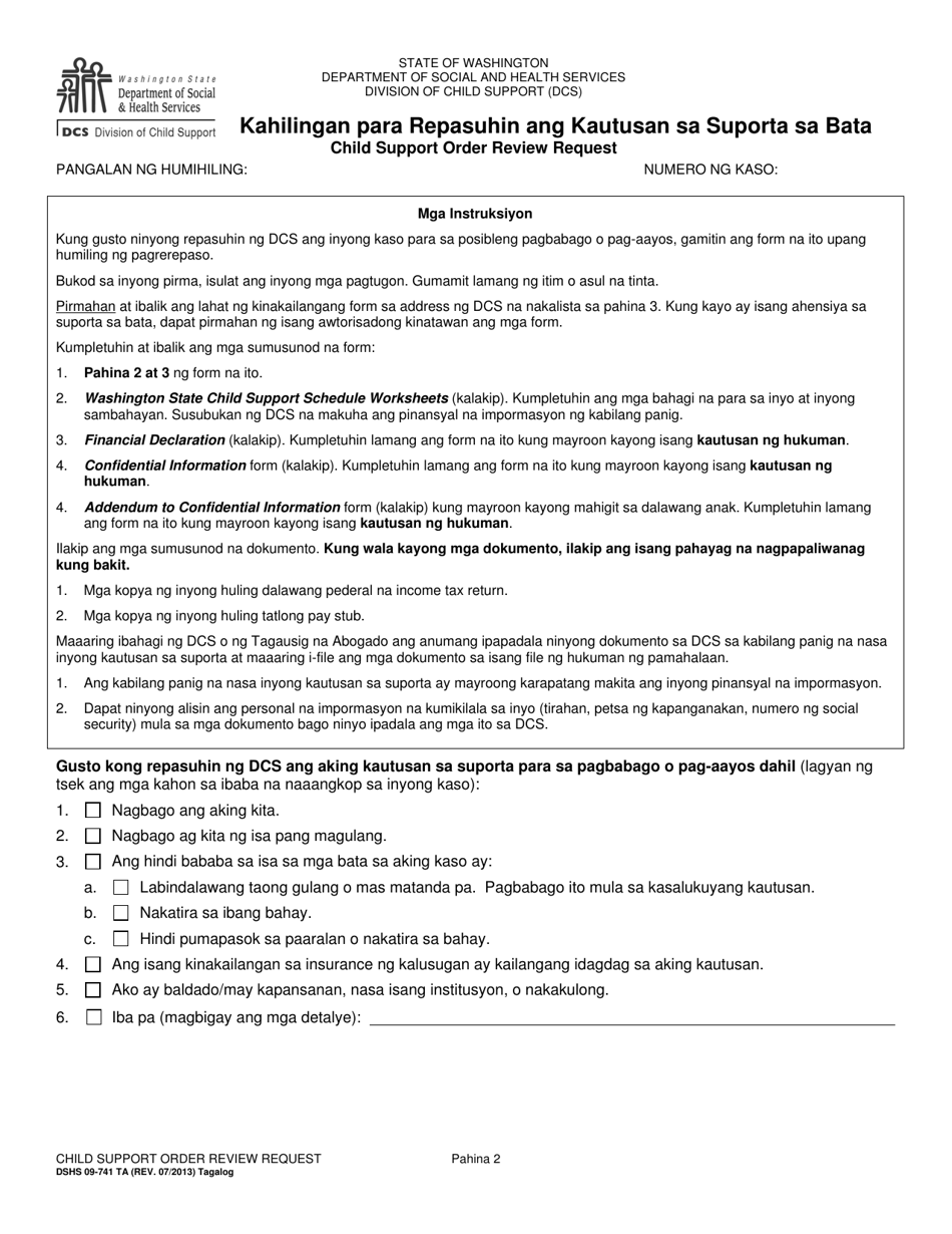 DSHS Form 09-741 Child Support Order Review Request - Washington (Tagalog), Page 2