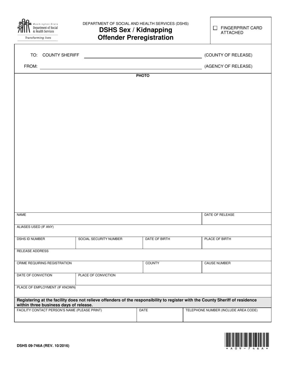 DSHS Form 09-746A Dshs Sex / Kidnapping Offender Preregistration - Washington, Page 1