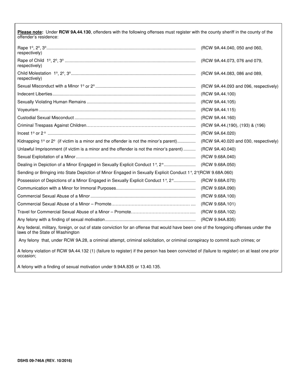 DSHS Form 09-746A Dshs Sex / Kidnapping Offender Preregistration - Washington, Page 2