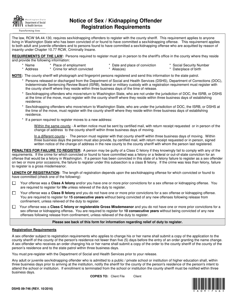 DSHS Form 09-746 Notice of Sex / Kidnapping Offender Registration Requirements - Washington, Page 1
