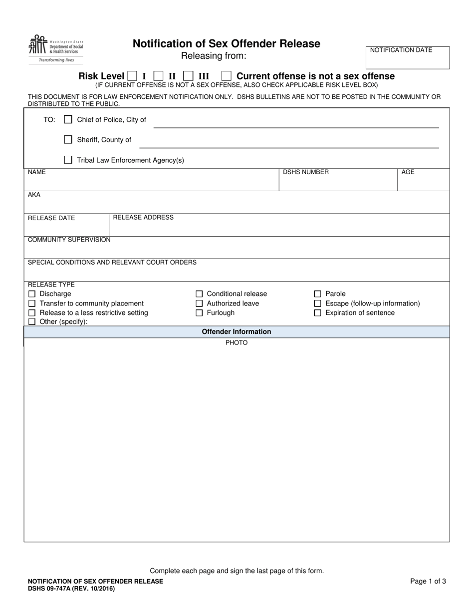 DSHS Form 09-747A Notification of Sex Offender Release - Washington, Page 1