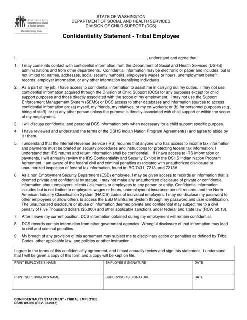 DSHS Form 09-989 Confidentiality Statement - Tribal Employee - Washington