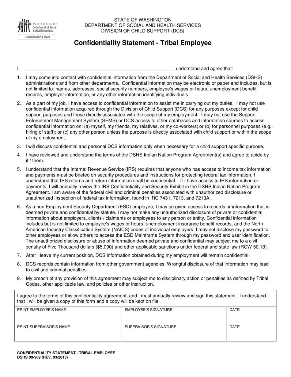 DSHS Form 09-989 Confidentiality Statement - Tribal Employee - Washington, Page 1