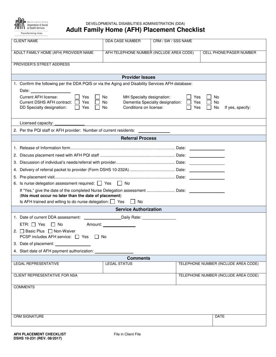 DSHS Form 10-231 Adult Family Home (Afh) Placement Checklist - Washington, Page 1