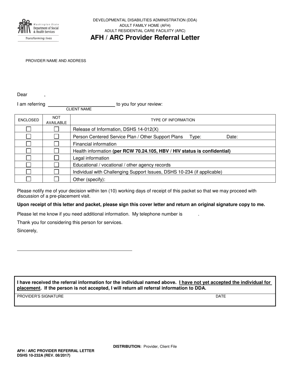 DSHS Form 10-232A Afh / ARC Provider Referral Letter - Washington, Page 1