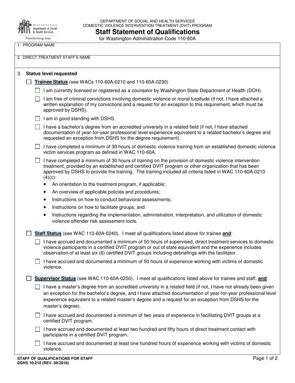 DSHS Form 10-210 Staff Statement of Qualifications - Washington, Page 1