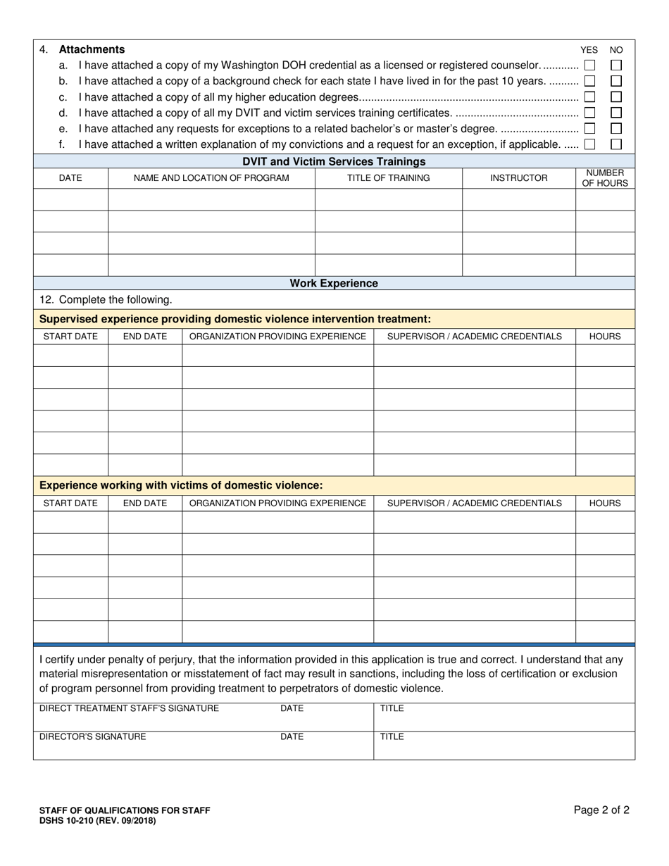 DSHS Form 10-210 Staff Statement of Qualifications - Washington, Page 2