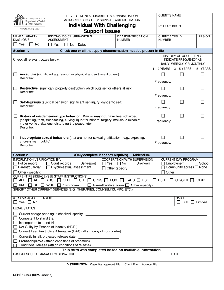 DSHS Form 10-234 Individual With Challenging Support Issues - Washington, Page 1