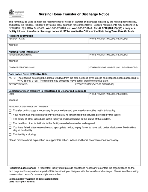 DSHS Form 10-237 Nursing Home Transfer or Discharge Notice - Washington