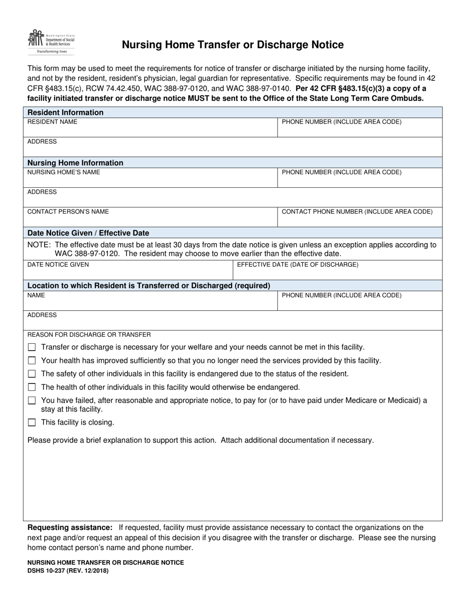 DSHS Form 10-237 Nursing Home Transfer or Discharge Notice - Washington, Page 1