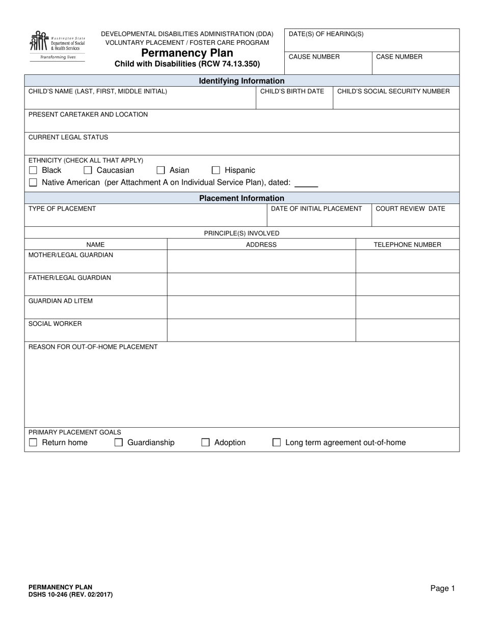 DSHS Form 10-246 Permanency Plan - Child With Disabilities - Washington, Page 1