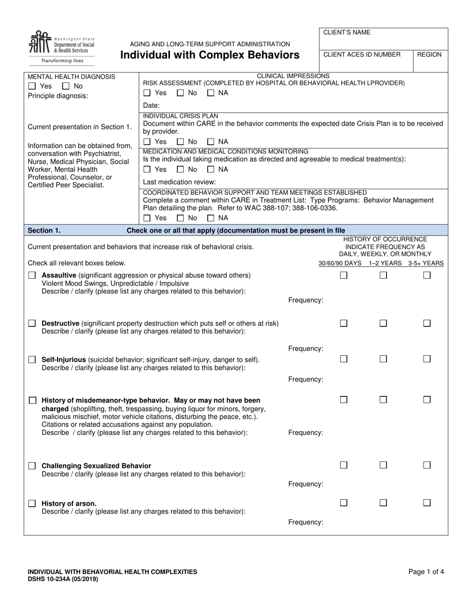 DSHS Form 10-234A Individual With Complex Behaviors - Washington, Page 1