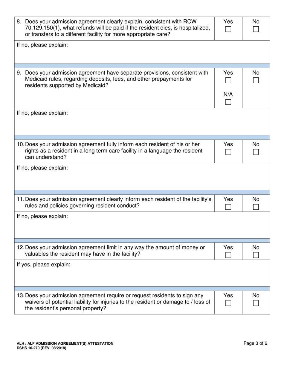 DSHS Form 10-270 Adult Family Home / Assisted Living Facility Admission Agreement(S) Attestation - Washington, Page 3