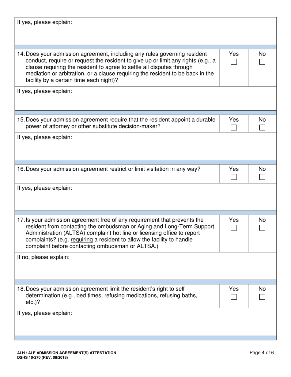 DSHS Form 10-270 Adult Family Home / Assisted Living Facility Admission Agreement(S) Attestation - Washington, Page 4