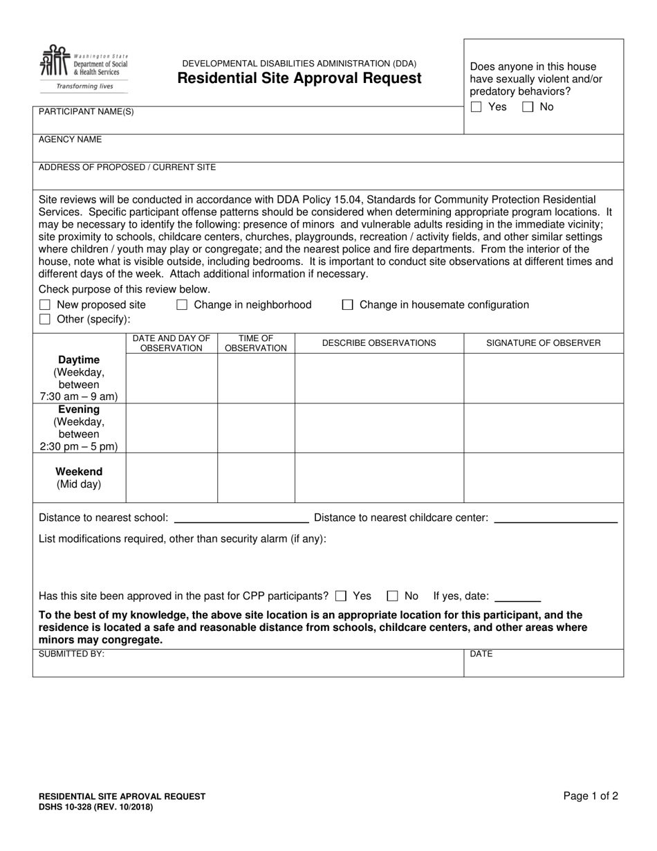 DSHS Form 10-328 Residential Site Approval Request - Washington, Page 1