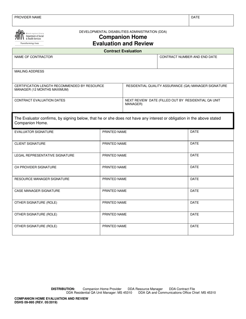 DSHS Form 09-995 Companion Home Evaluation and Review - Washington, Page 1