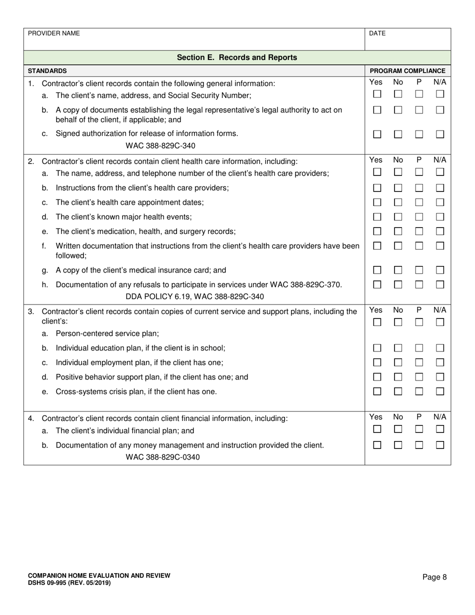 DSHS Form 09-995 Companion Home Evaluation and Review - Washington, Page 8