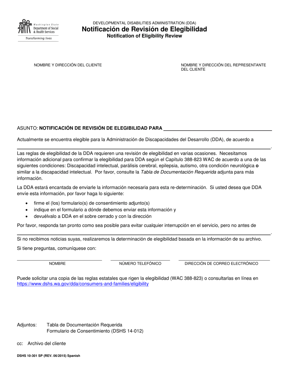DSHS Formulario 10-301 Notificacion De Revision De Elegibilidad - Washington (Spanish), Page 1