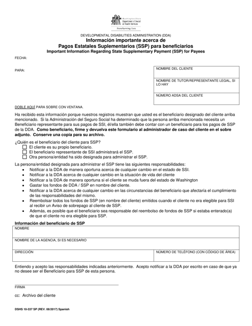 DSHS Formulario 10-337 Informacion Importante Acerca De Pagos Estatales Suplementarios (SSP) Para Beneficiarios (Dda) - Washington (Spanish)