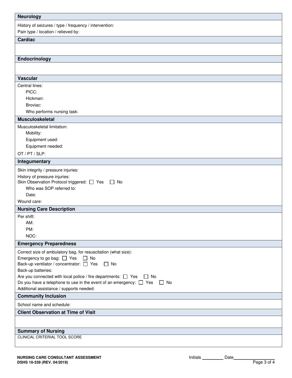 DSHS Form 10-339 Nursing Care Consultant Assessment - Washington, Page 3
