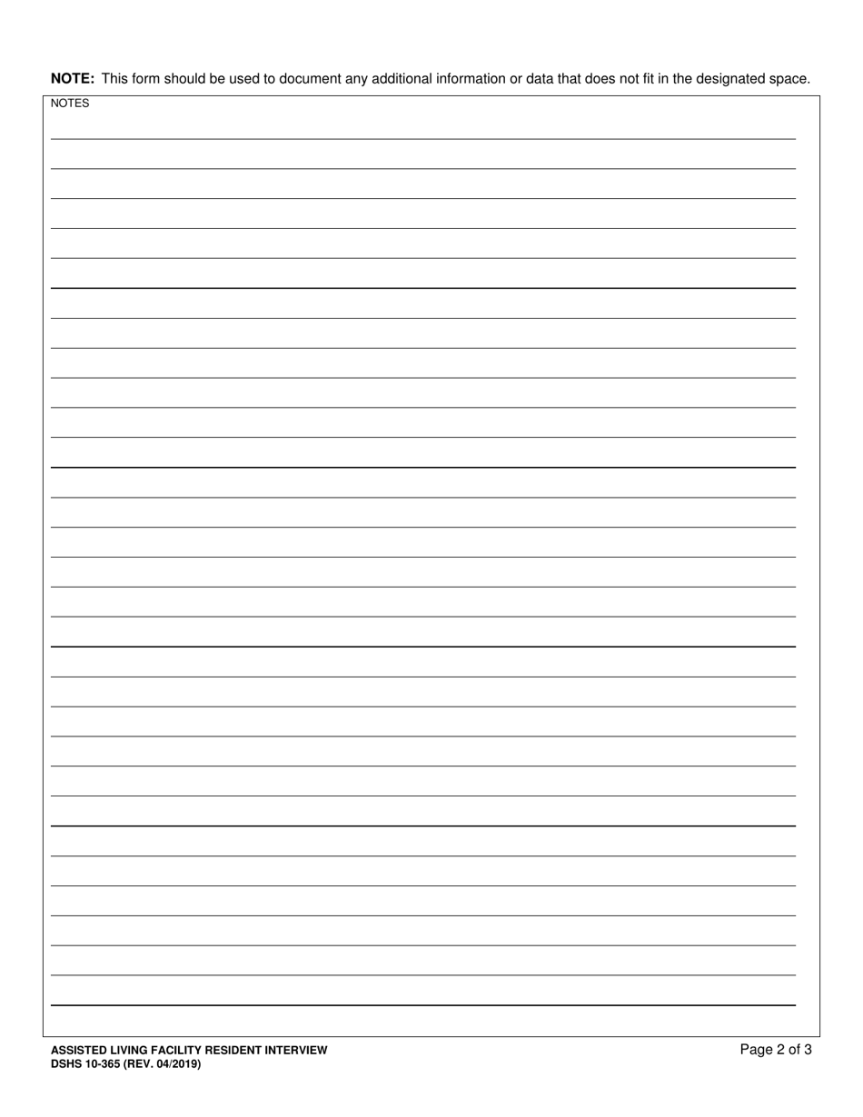 DSHS Form 10-365 Attachment G Assisted Living Facility Resident Interview - Washington, Page 2