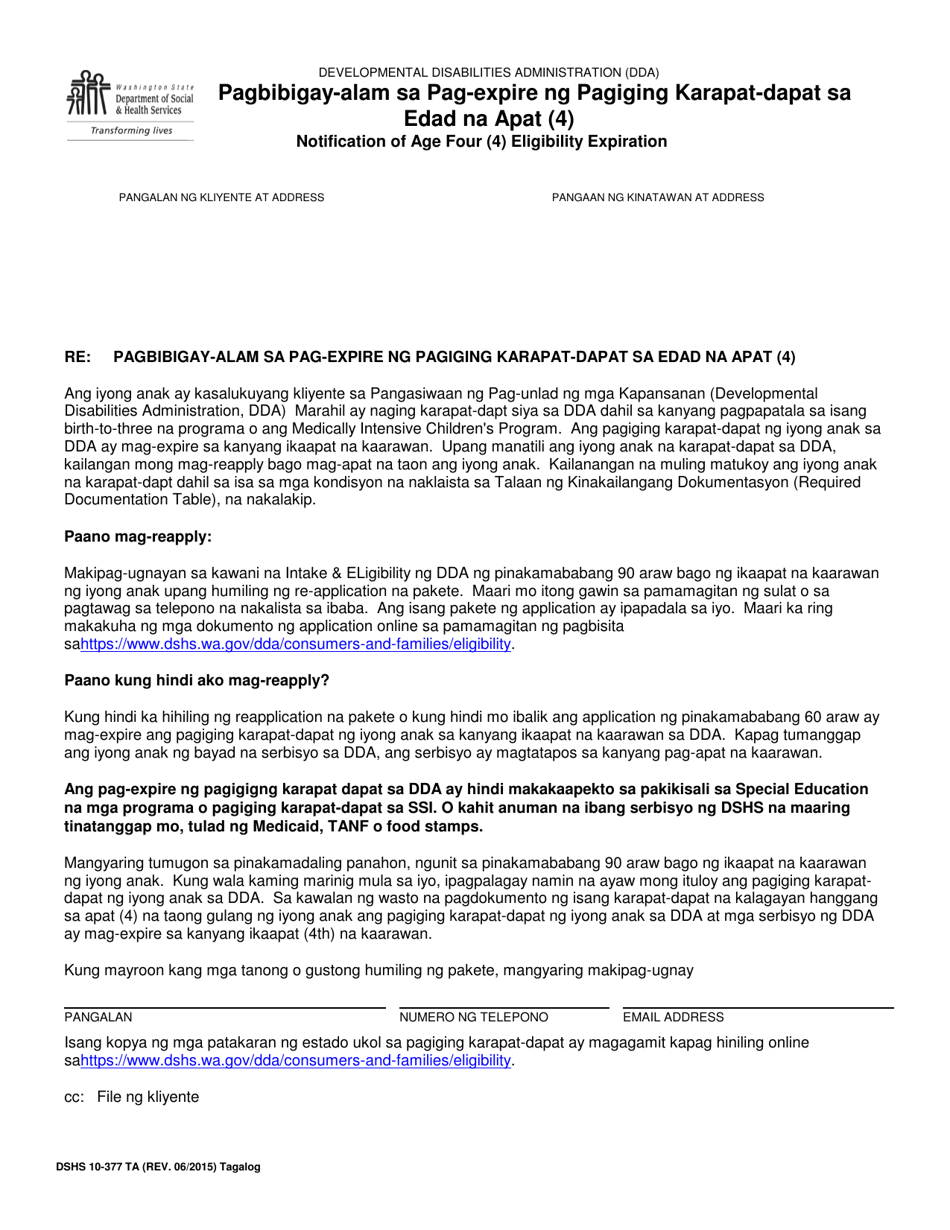 DSHS Form 10-377 Notification of Age Four (4) Eligibility Expiration - Washington (Tagalog), Page 1
